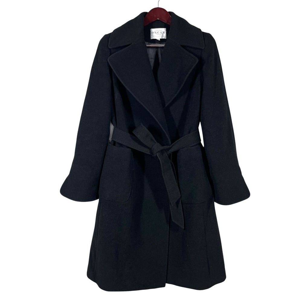 Oscar De La Renta Belted Coat Womens 8 Black Wool Angora Blend Quiet Luxury